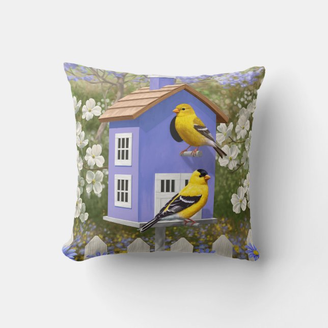 American Goldfinch Bird House Flower Garden Throw Pillow (Front)