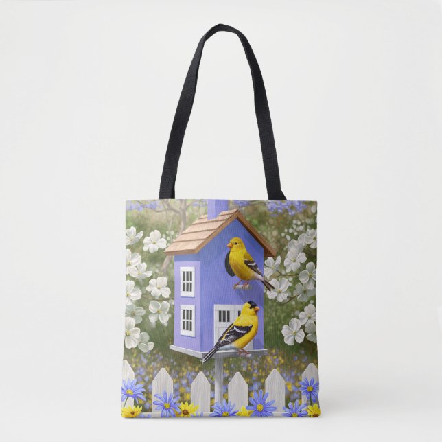 American Goldfinch Bird House Flower Garden Tote Bag (Front)