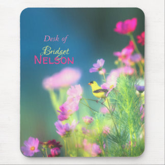 American Goldfinch Bird Pink Cosmos Flowers Mouse Pad