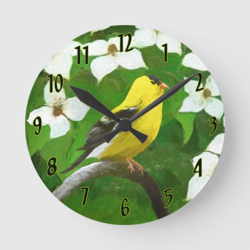 American Goldfinch in Winter Painting _ Wild Bird  Round Clock