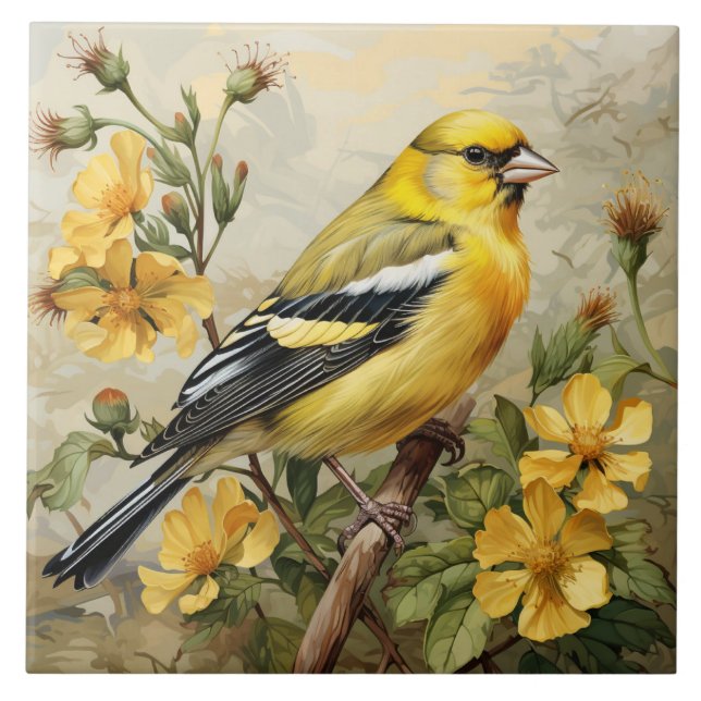 American Goldfinch Portrait, Yellow and Black Ceramic Tile (Front)