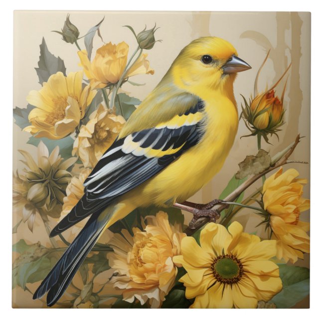 American Goldfinch, Yellow and Black bird Ceramic Tile (Front)