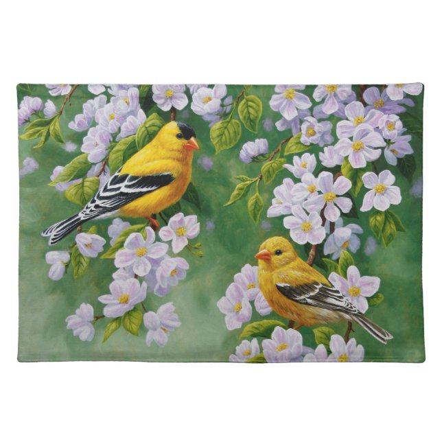 American Goldfinches and Pink Apple Blossoms Cloth Placemat (Front)