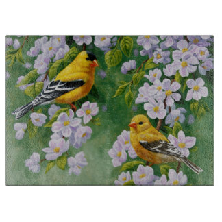 American Goldfinches and Pink Apple Blossoms Cutting Board