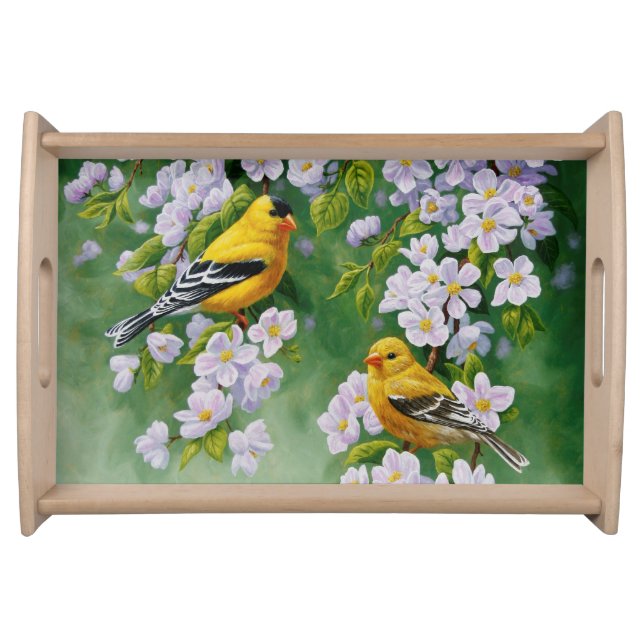 American Goldfinches and Pink Apple Blossoms Serving Tray (Front)