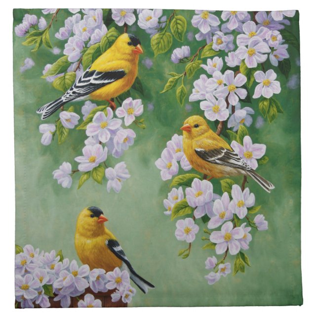 American Goldfinches & Pink Apple Blossoms Cloth Napkin (Front)