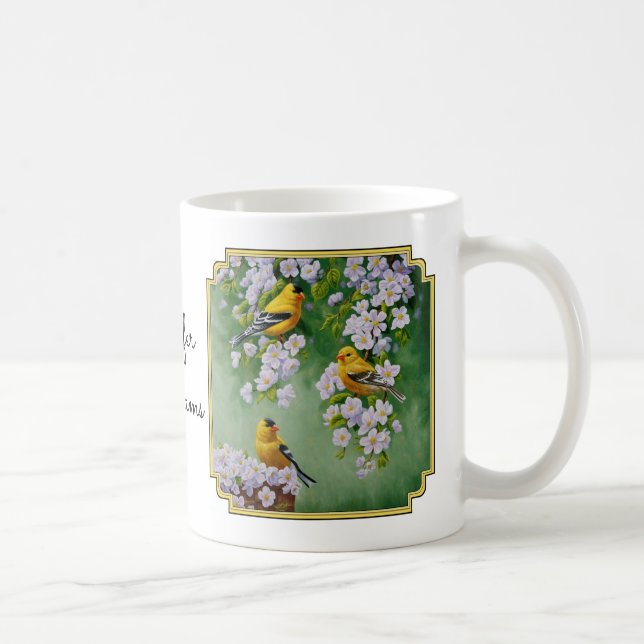 American Goldfinches & Pink Apple Blossoms Coffee Mug (Right)