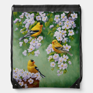 American Goldfinches & Pink Apple Blossoms Drawstring Bag