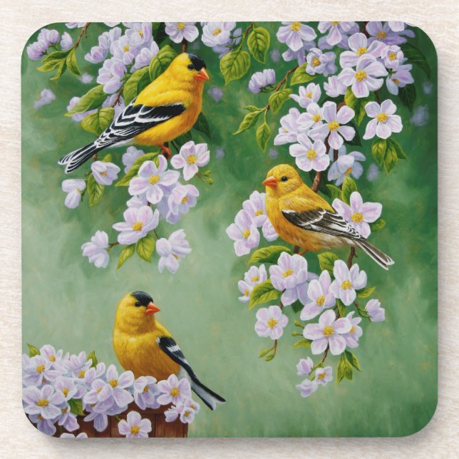 American Goldfinches & Pink Apple Blossoms Drink Coaster (Front)