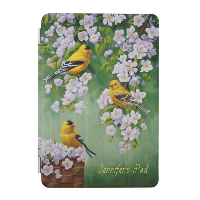American Goldfinches & Pink Apple Blossoms iPad Mini Cover (Front)