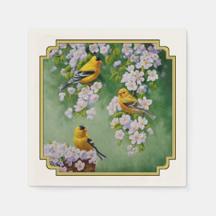 American Goldfinches & Pink Apple Blossoms Paper Napkins