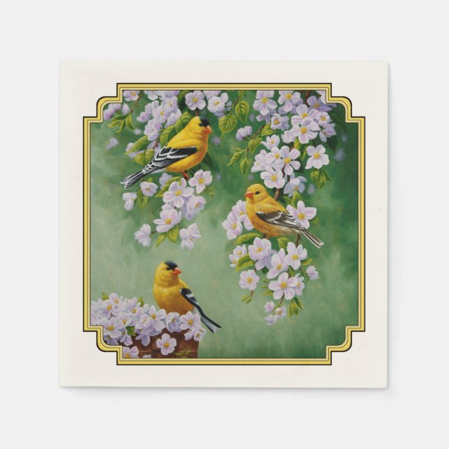 American Goldfinches & Pink Apple Blossoms Paper Napkins (Front)