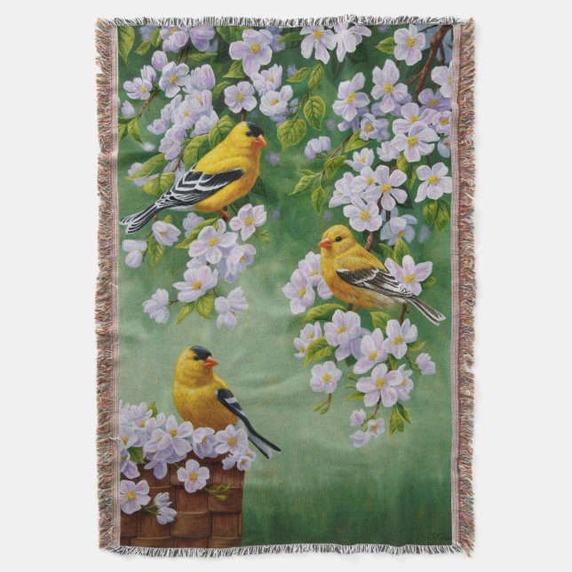 American Goldfinches & Pink Apple Blossoms Throw Blanket (Front Vertical)