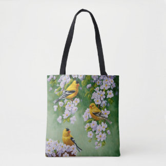 American Goldfinches & Pink Apple Blossoms Tote Bag
