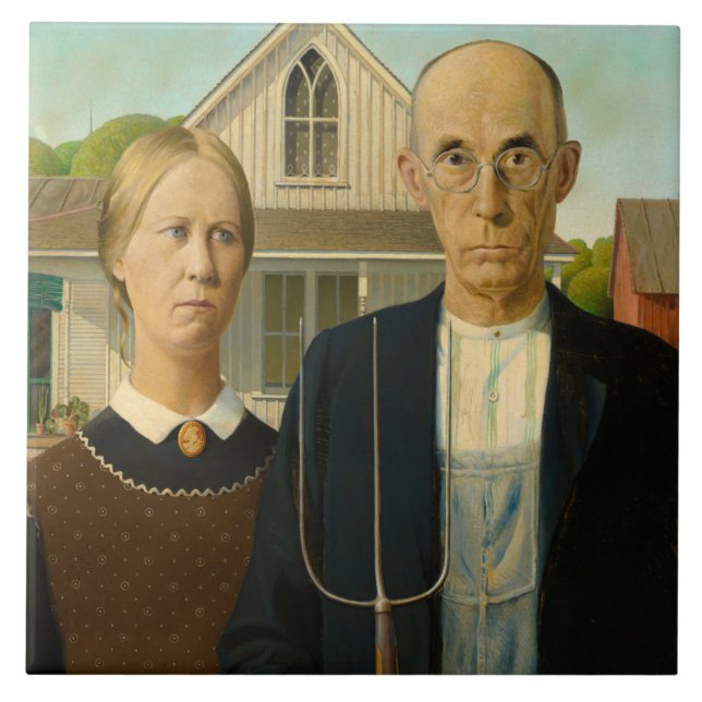 American Gothic, 1930 by Grant Wood Ceramic Tile (Front)