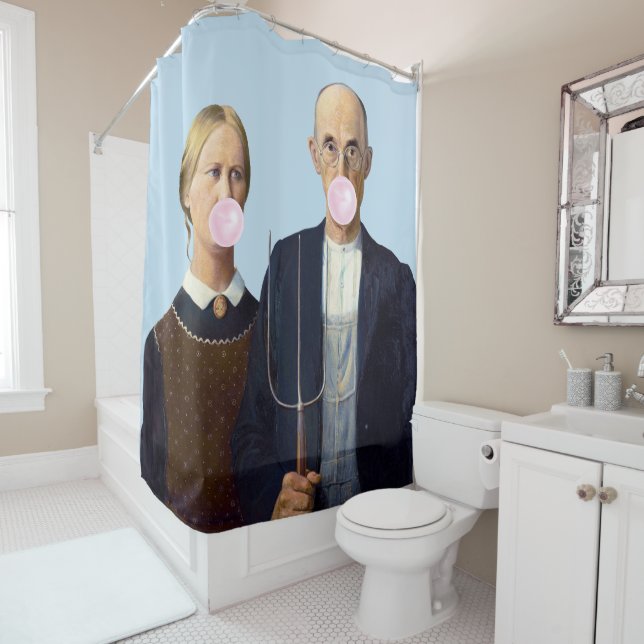 American Gothic blowing pink bubble gum Shower Curtain (In Situ)
