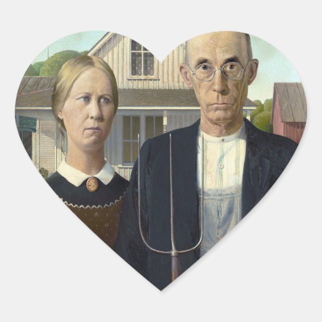 American Gothic by Grant DeVolson Wood Heart Sticker (Front)