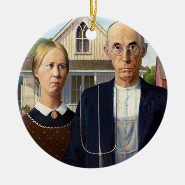 American Gothic Classic Painting Grant Wood Ceramic Ornament (Front)