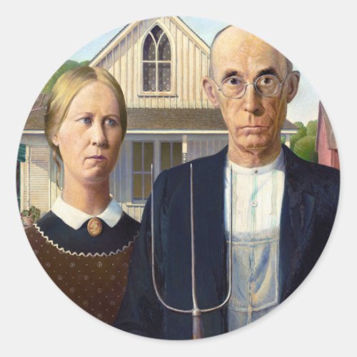 American Gothic Classic Painting Grant Wood Classic Round Sticker