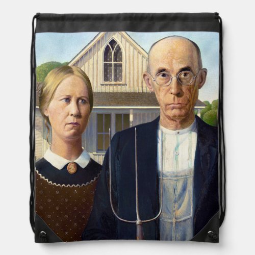 American Gothic Classic Painting Grant Wood Drawstring Bag