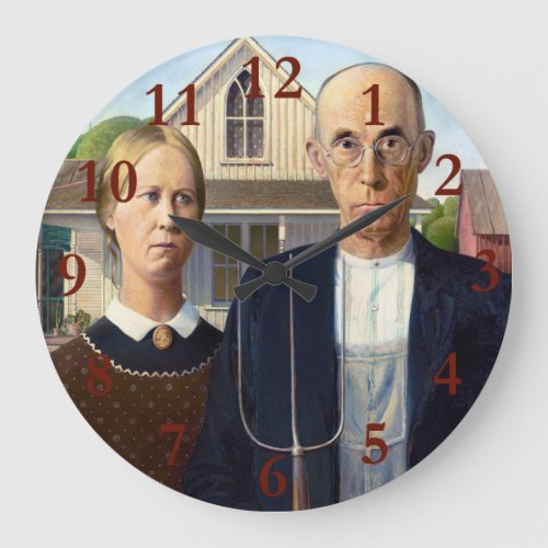 American Gothic Classic Painting Grant Wood Large Clock