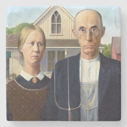 American Gothic Classic Painting Grant Wood Stone Coaster