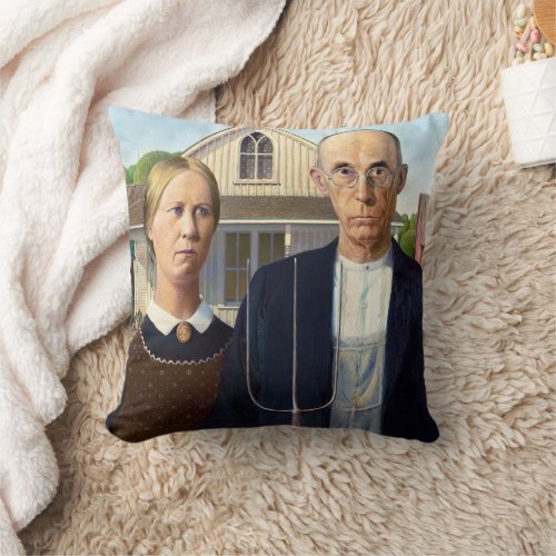 American Gothic Classic Painting Grant Wood Throw Pillow