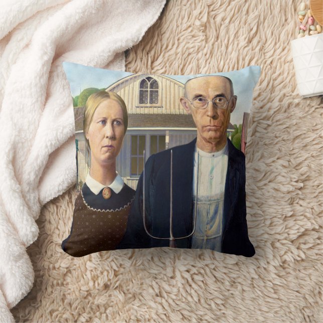 American Gothic Classic Painting Grant Wood Throw Pillow (Blanket)