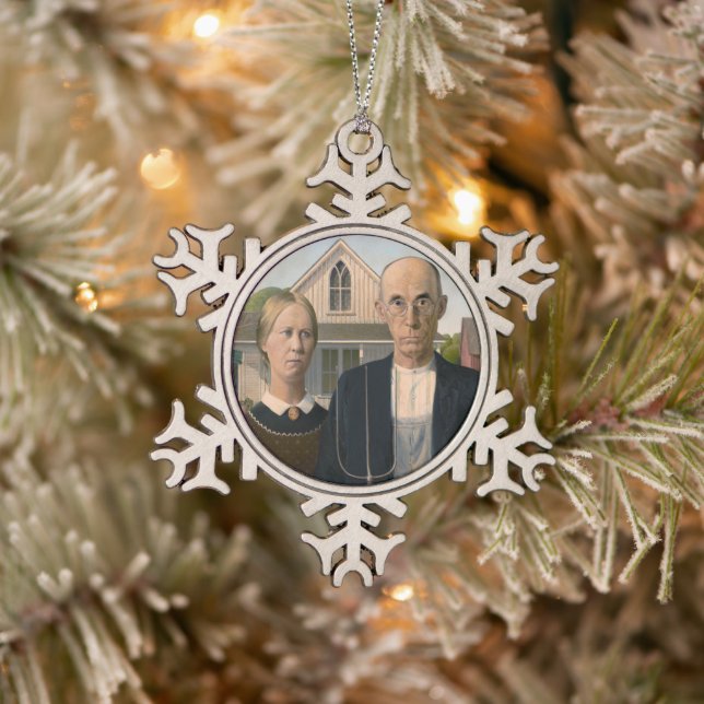 American Gothic: Country Life Poor Rural Farmer Snowflake Pewter Christmas Ornament (Tree)