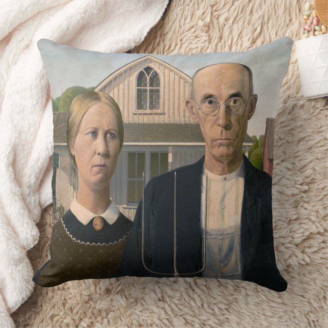 American Gothic: Country Life Poor Rural Farmer Throw Pillow (Blanket)