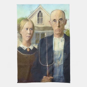 American Gothic Fine Art Oil Painting Masterpiece Kitchen Towel by ironydesignphotos at Zazzle