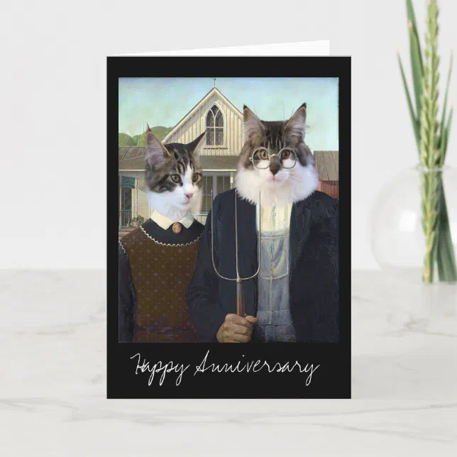 American Gothic funny Cat anniversary Card | Zazzle