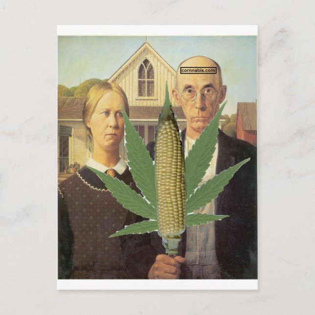 american gothic-grant-wood cornnabis tomacco postcard (Front)