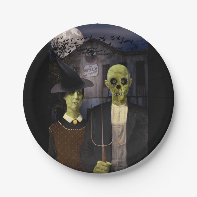 American Gothic Halloween Haunted House Paper Plates (Front)
