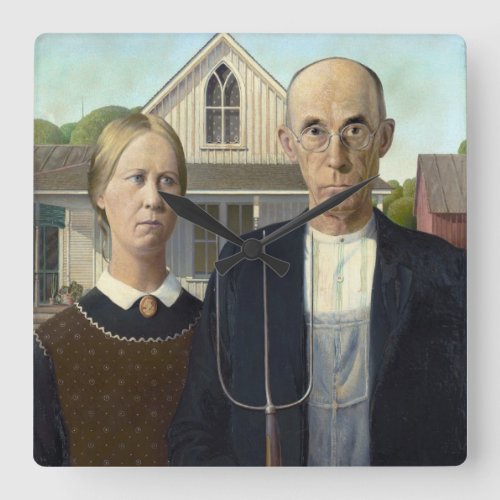 American Gothic Painting by Grant Wood Square Wall Clock