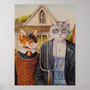 American Gothic Parody Painting Watercolor 18x24 Poster