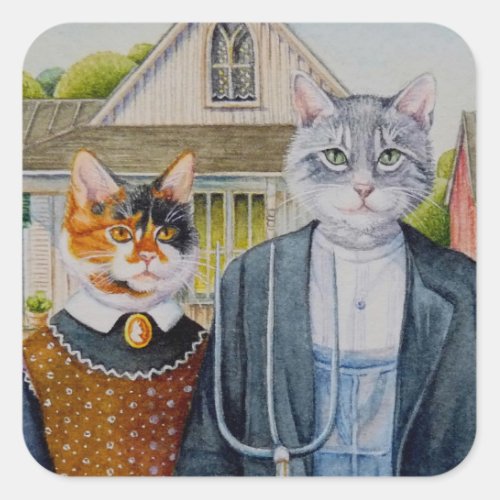 American Gothic Parody Painting Watercolor Art Square Sticker
