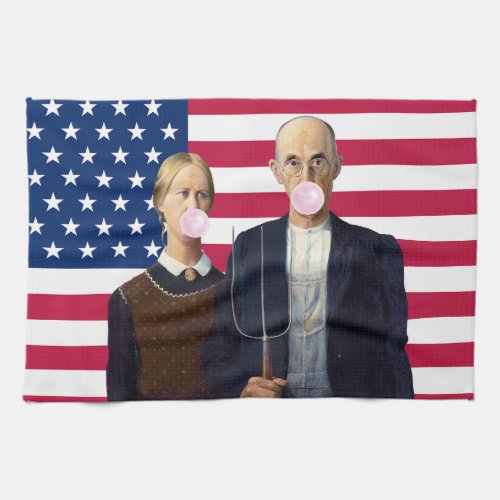 American Gothic Pink Bubble gum USA Flag  Kitchen Towel