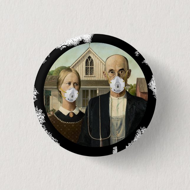 American Gothic Wearing Corona N95 Masks Button (Front)