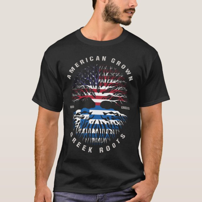 American Grown Greek Roots Greece Flag T-Shirt (Front)