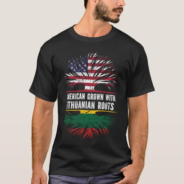 American Grown with Lithuanian Roots USA Flag T-Shirt (Front)