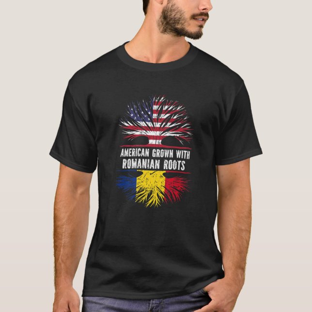 American Grown With Romanian Roots USA Flag Romani T-Shirt (Front)