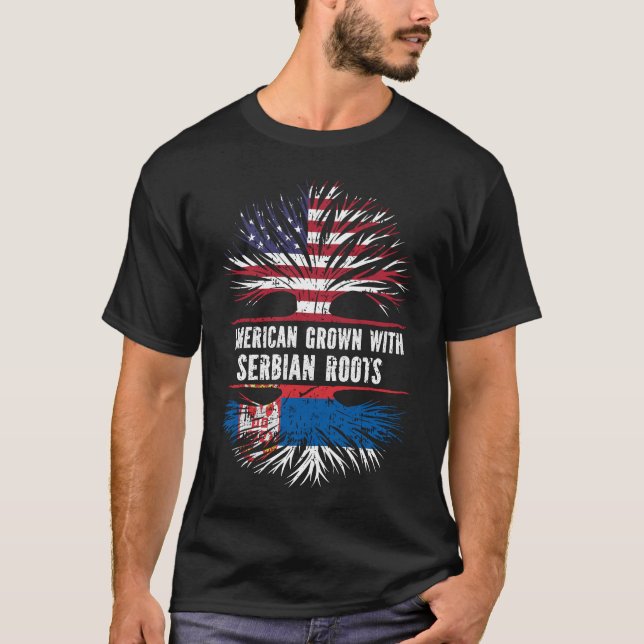 American Grown with Serbian Roots USA Flag T-Shirt (Front)