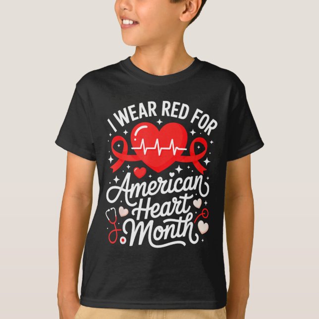 American Heart Disease Awareness Month Ribbon Red  T-Shirt (Front)