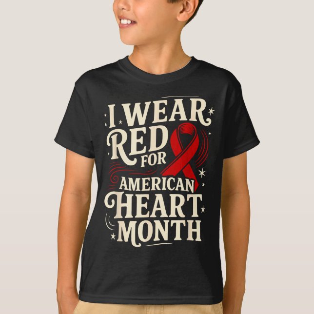 American Heart Disease Awareness Month Ribbon Red  T-Shirt (Front)