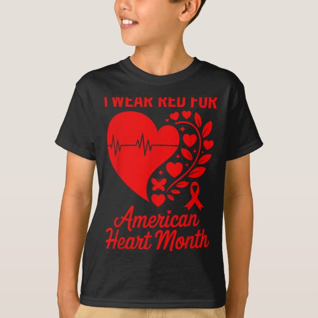 American Heart Disease Awareness Month Ribbon Red  T-Shirt (Front)