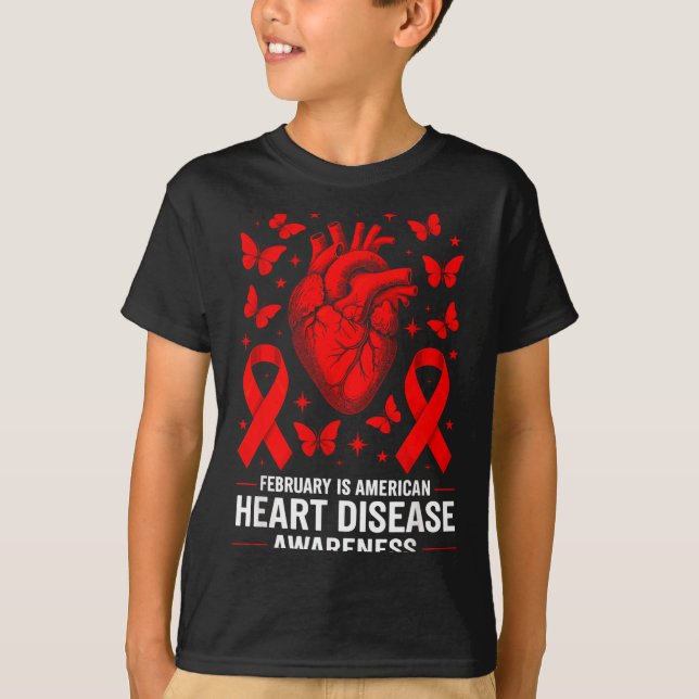 American Heart Disease Awareness Month Ribbon Red  T-Shirt (Front)