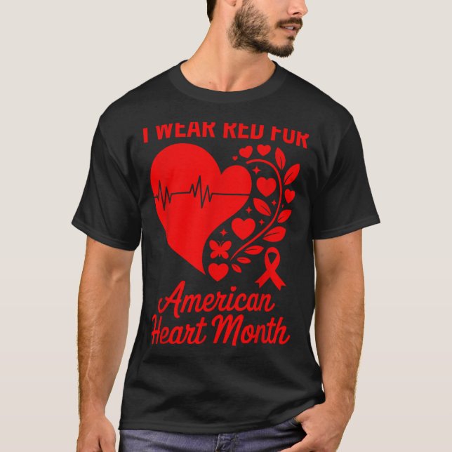 American Heart Disease Awareness Month Ribbon Red  T-Shirt (Front)