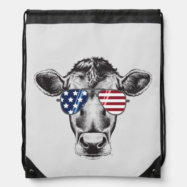 American Hipster Cow Drawstring Bag (Front)