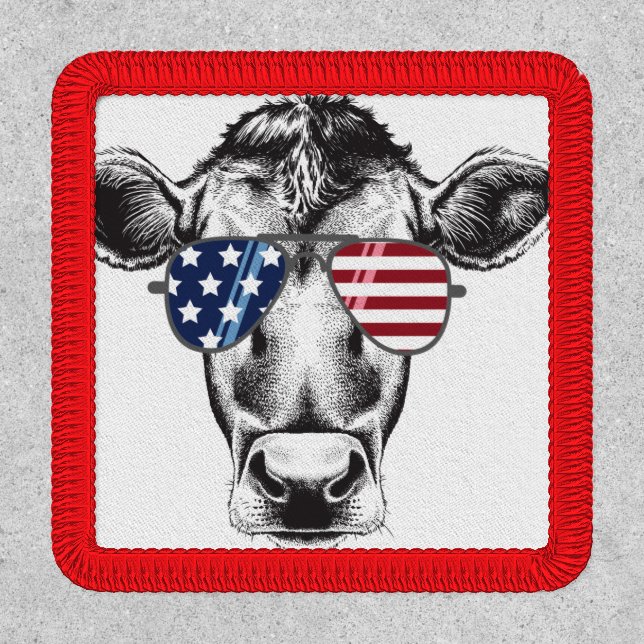 American Hipster Cow Iron On Patch (Front)